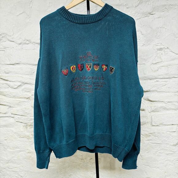 Structure Ramie Cotton Crewneck Sweater Embroidered Logo Turquoise Vintage 90's - Picture 1 of 6